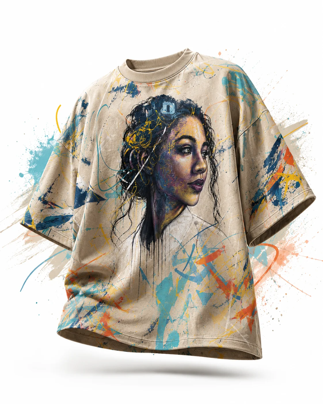 Oversized custom tee with a hand-painted portrait print and paint-splatter artwork