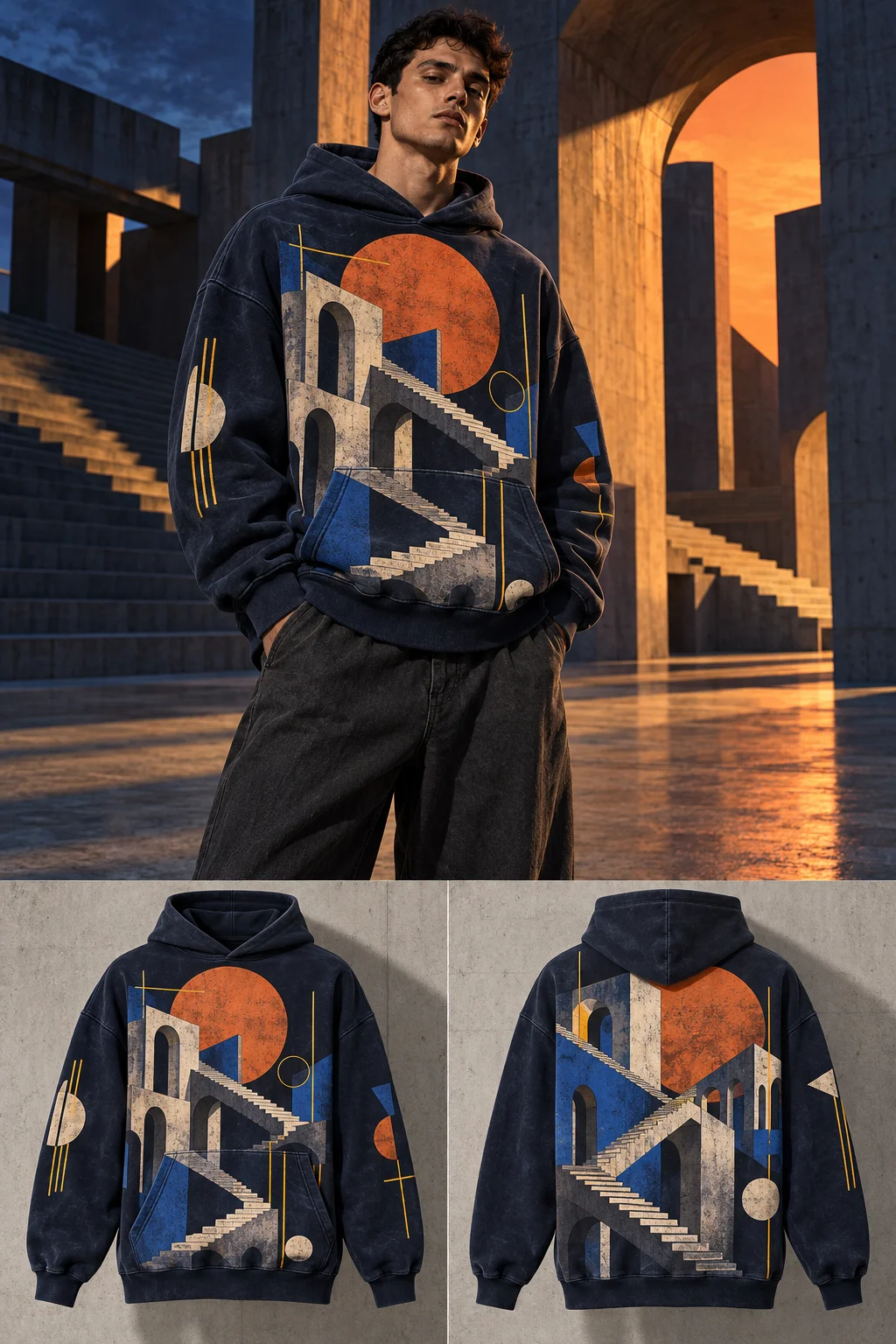 Model wearing a one-of-one washed-navy hoodie printed with surreal stairways and arches under a burnt-orange sun